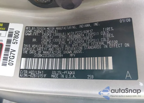 2008 Toyota Sienna Xle из США, поврежденный, VIN 5TDBK22C08S015984